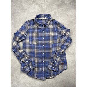 Roxy Shirt Womens Medium Blue Gray Plaid Flannel Button Front Long Sleeve Cotton